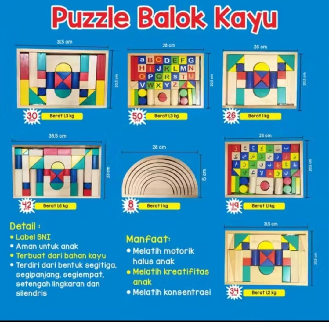 Lembar spesifikasi produk puzzle balok kayu berlabel SNI